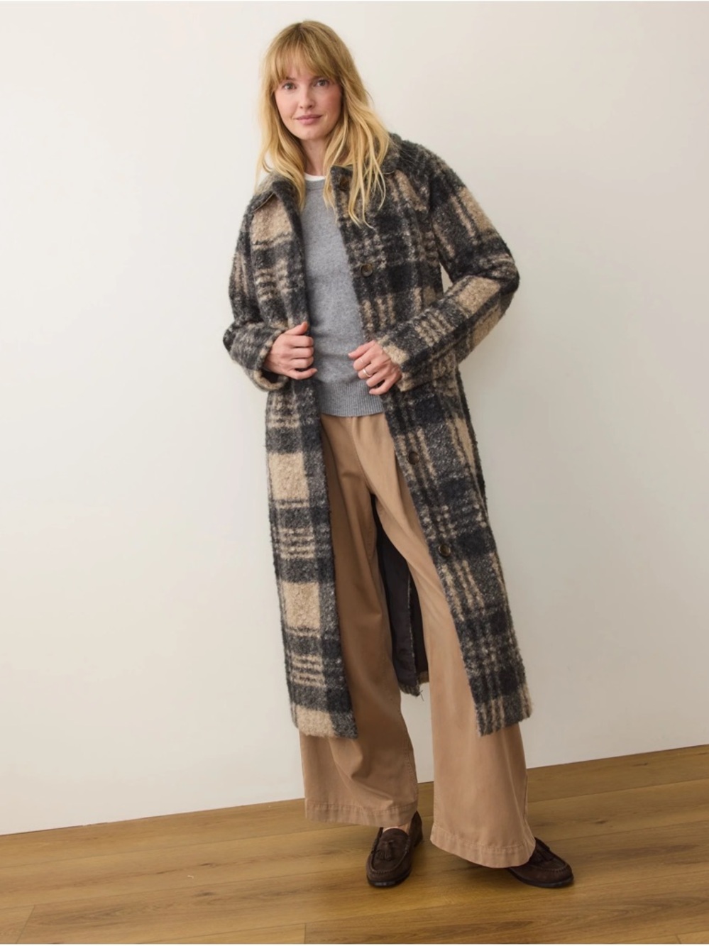 Marine Layer Plaid Long Coat in Black, Gray, and Tan - Picture 5 of 7